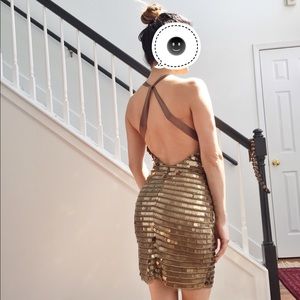 BCBGMaxAzria IMAN Mini Bronze Sequin Backless Halter Dress